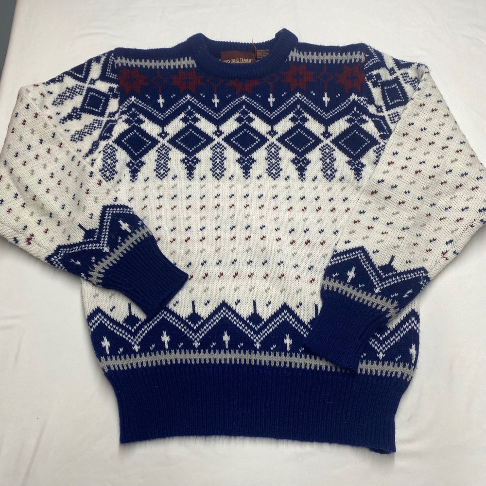 Moss Creek Trader Vintage Nordic Fair Isle Sweater Mens Small Navy Blue White